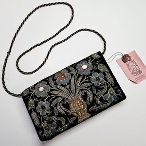 NEW VINTAGE Zardozi Semi Precious Stones Embroidered Black Velvet Purse Bag 50s